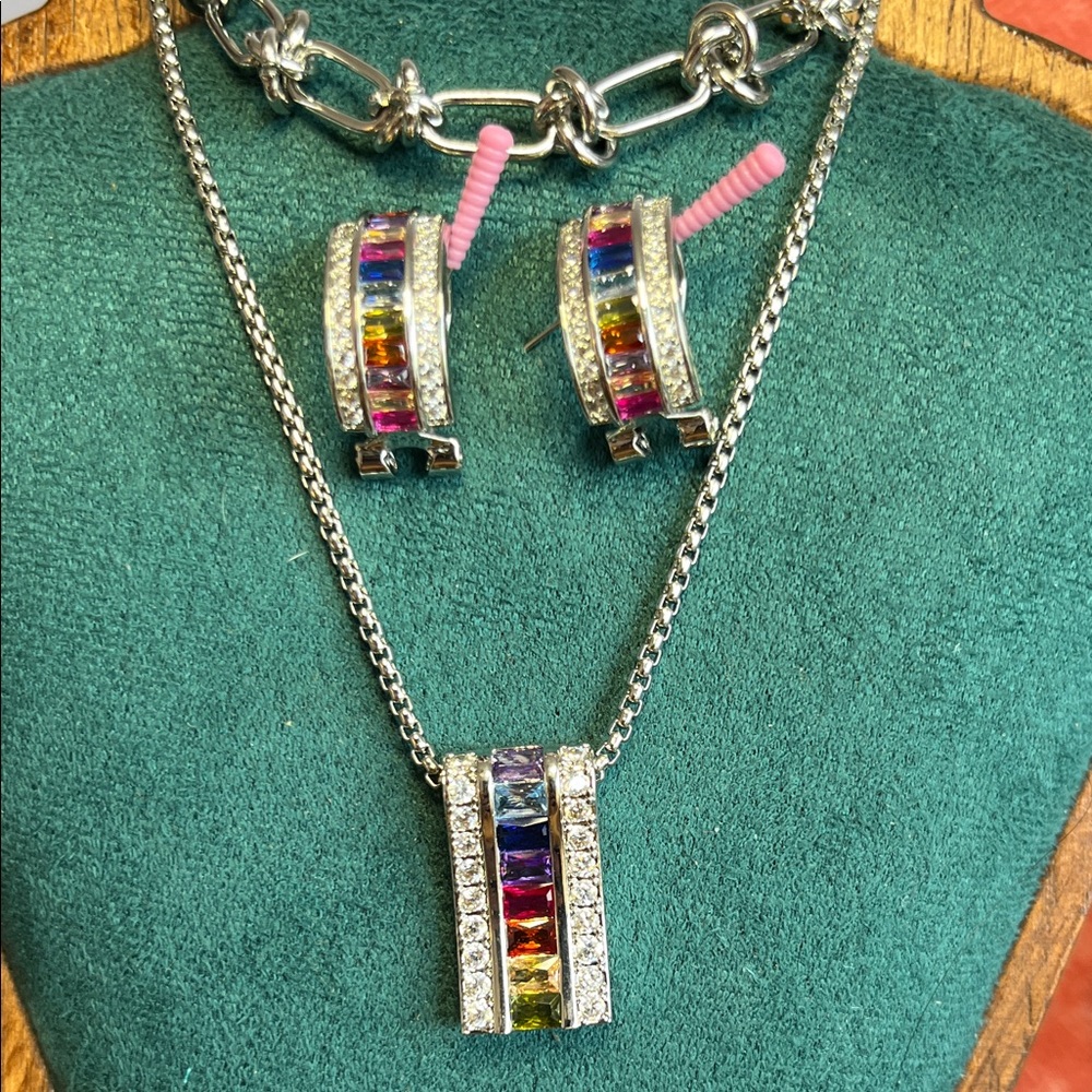 Multicolor Rainbow Gems CZ Pendant Necklace & Hoop Earring Set - Silver